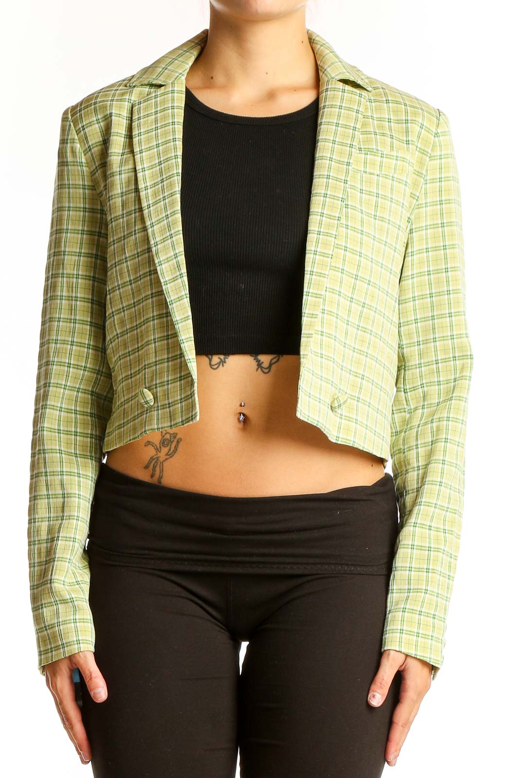 Front view of yellow plaid cropped blazer from OAT NEW YORK
