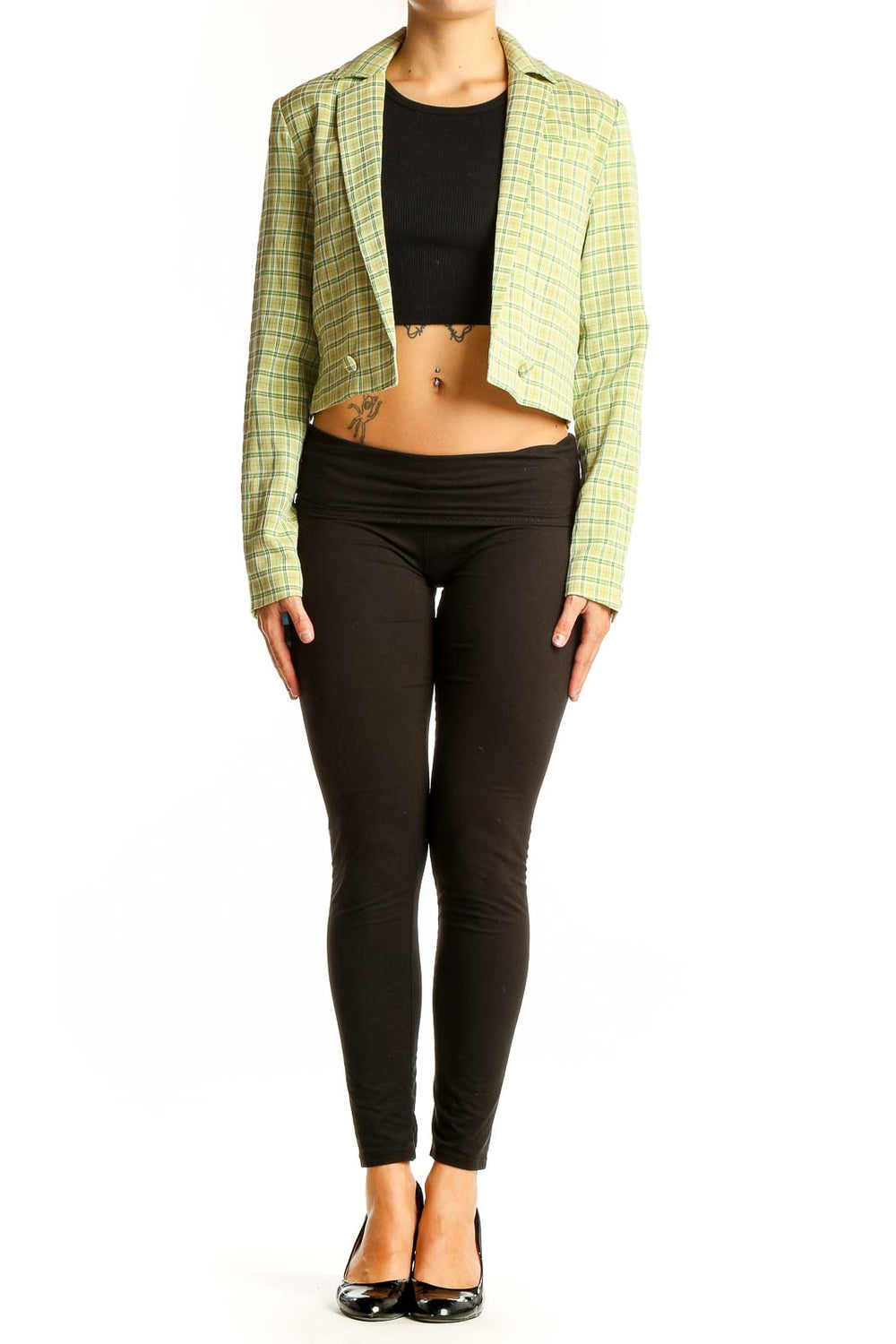 Front view of yellow plaid cropped blazer from OAT NEW YORK