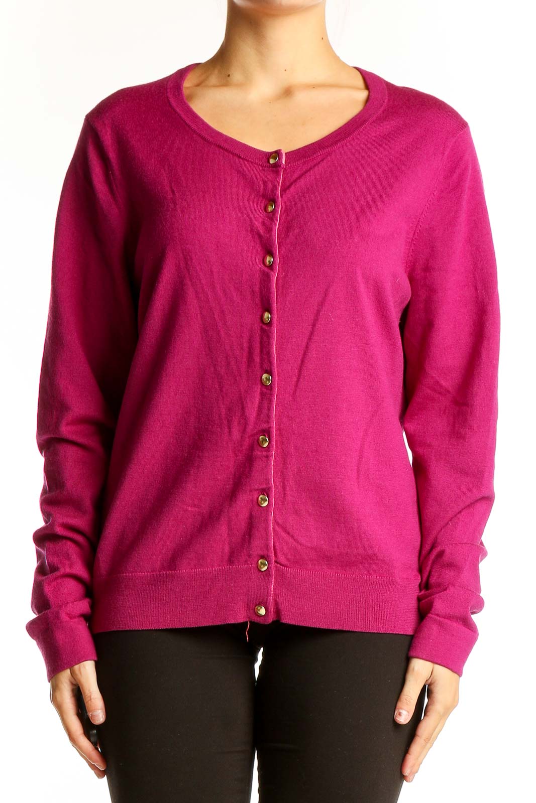 Front view of magenta Banana Republic cardigan with button-front closure