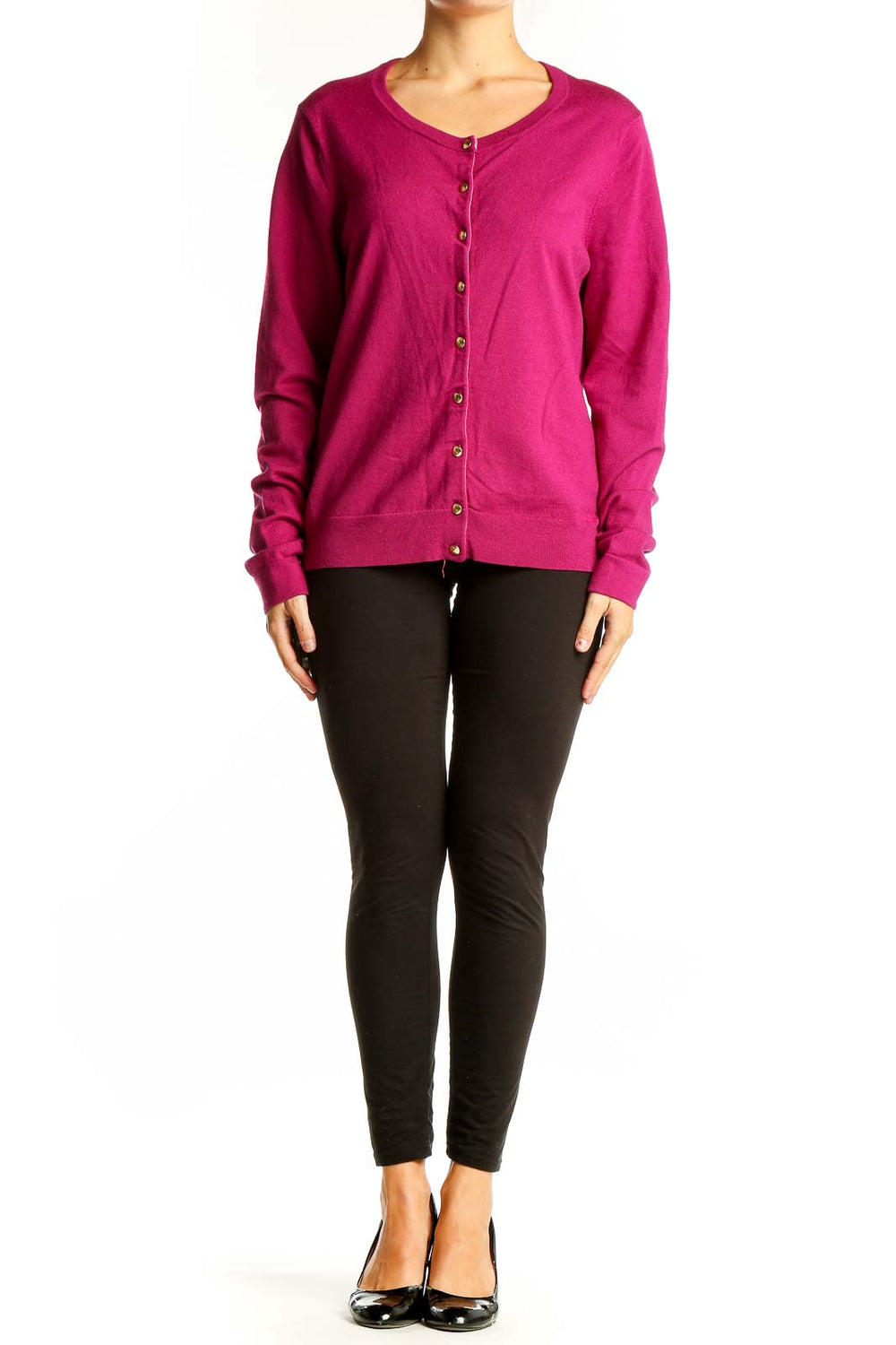 Front view of magenta Banana Republic cardigan with button-front closure