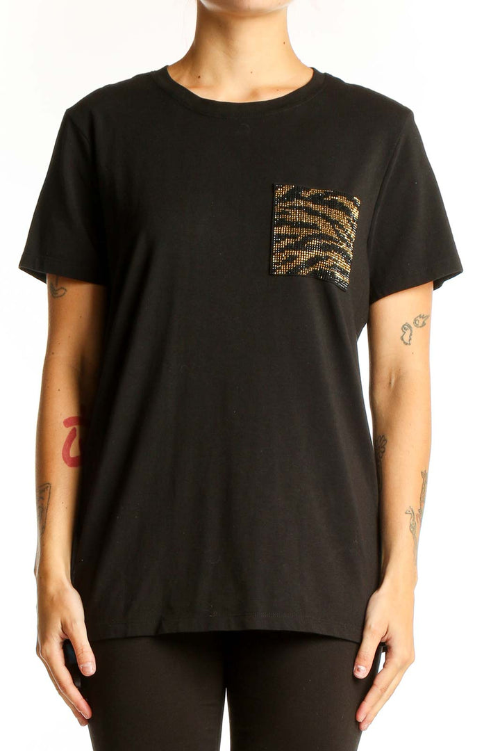 Front view of black Calvin Klein t-shirt with animal print pocket