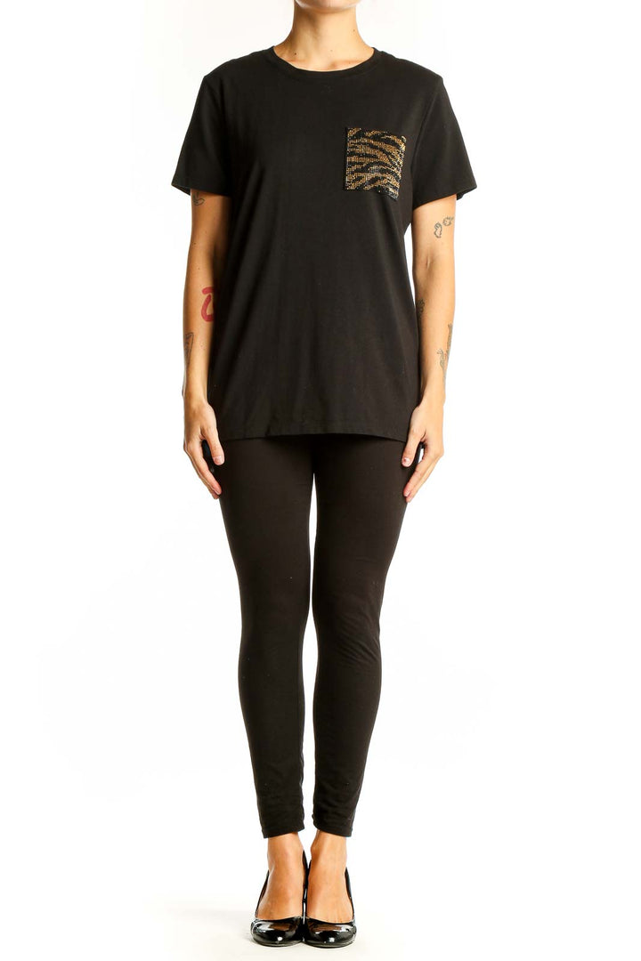 Front view of black Calvin Klein t-shirt with animal print pocket