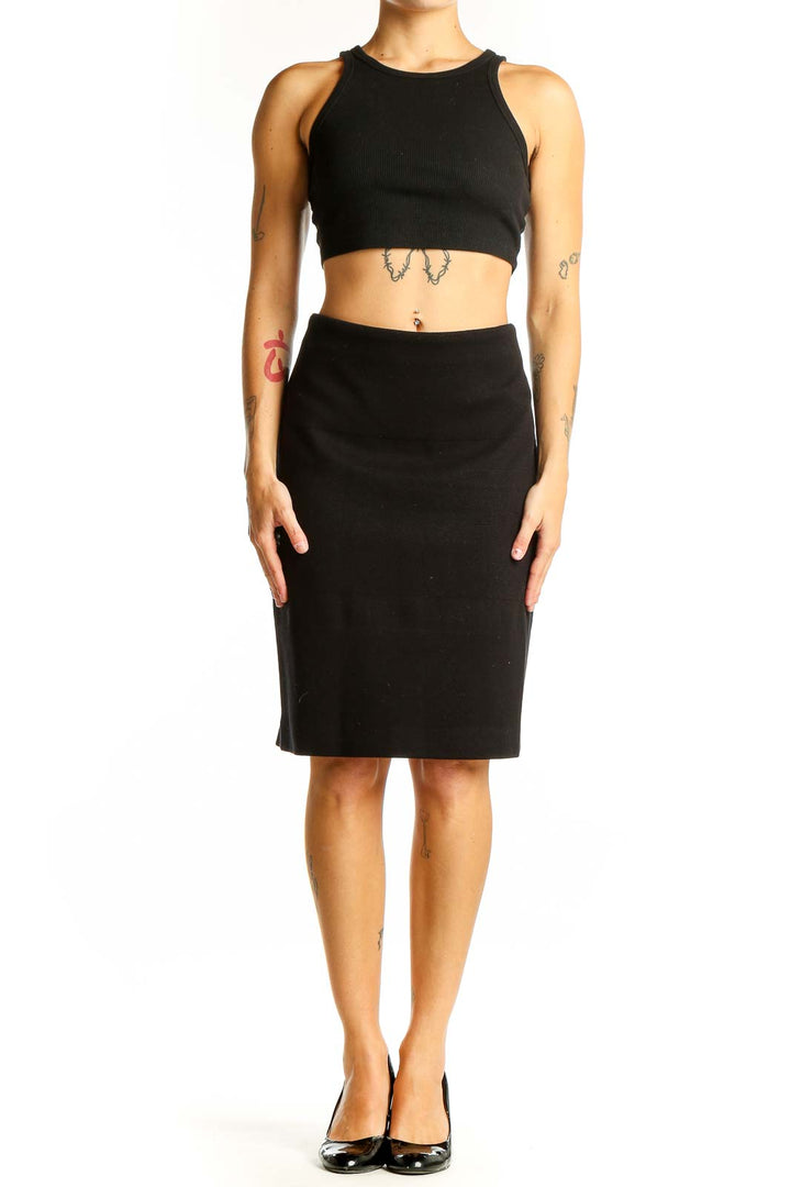 Front view of BOSS by HUGO BOSS black crop top and pencil skirt set