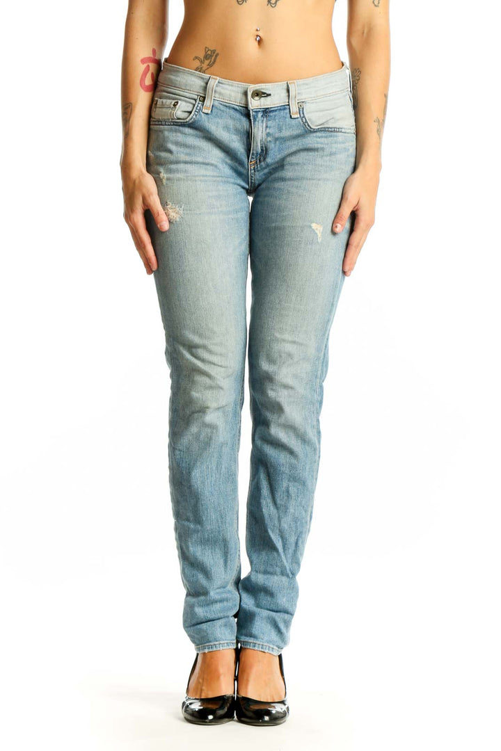 Front view of Rag & Bone light blue distressed straight leg jeans
