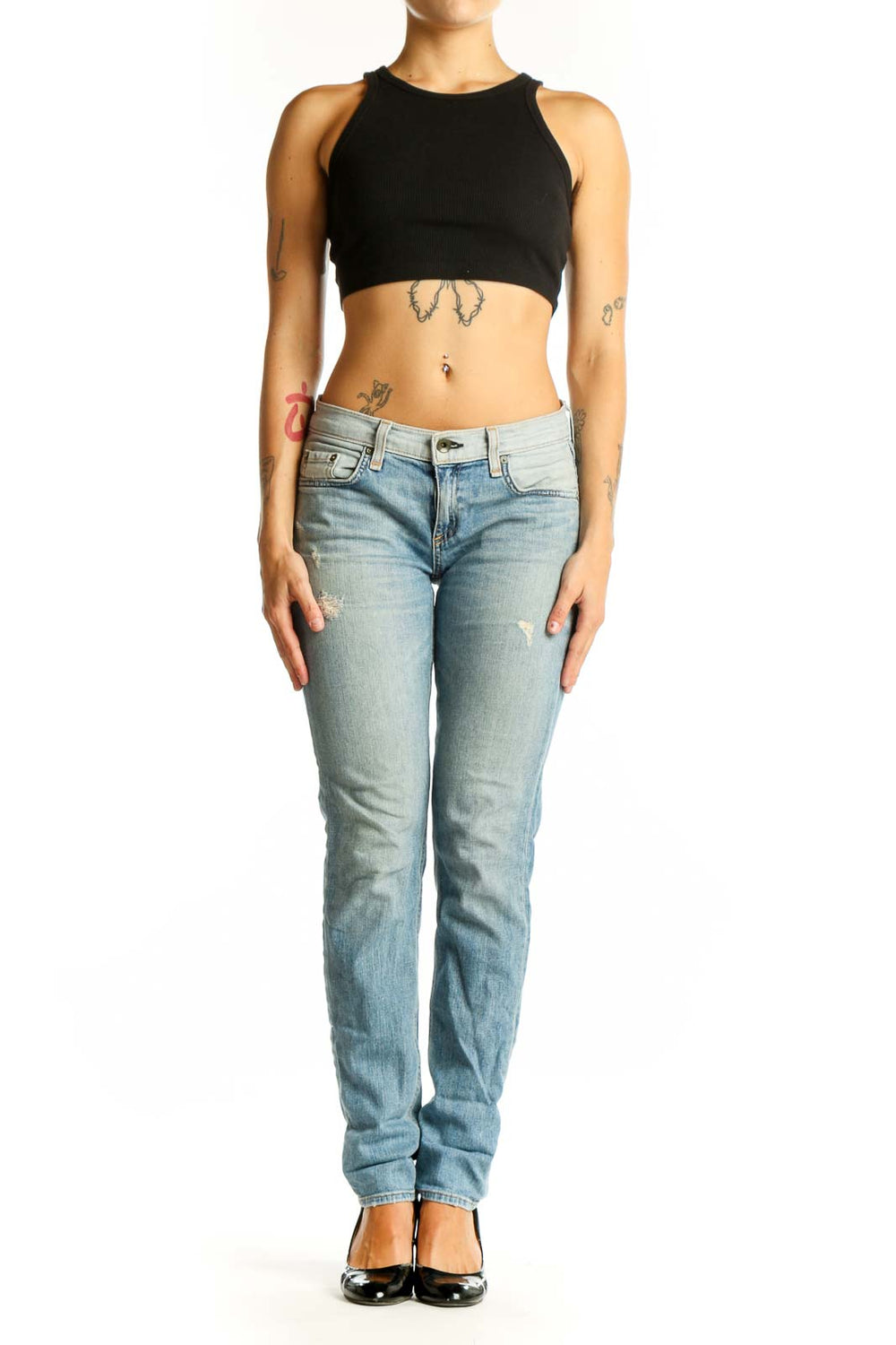 Front view of Rag & Bone light blue distressed straight leg jeans