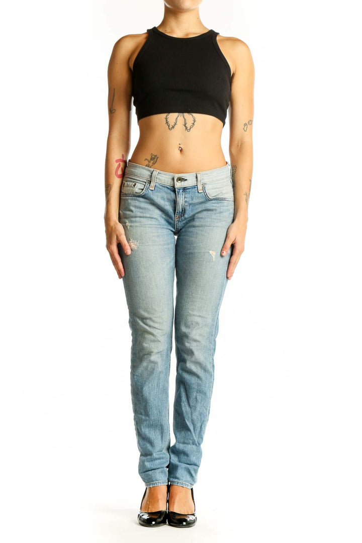Front view of Rag & Bone light blue distressed straight leg jeans