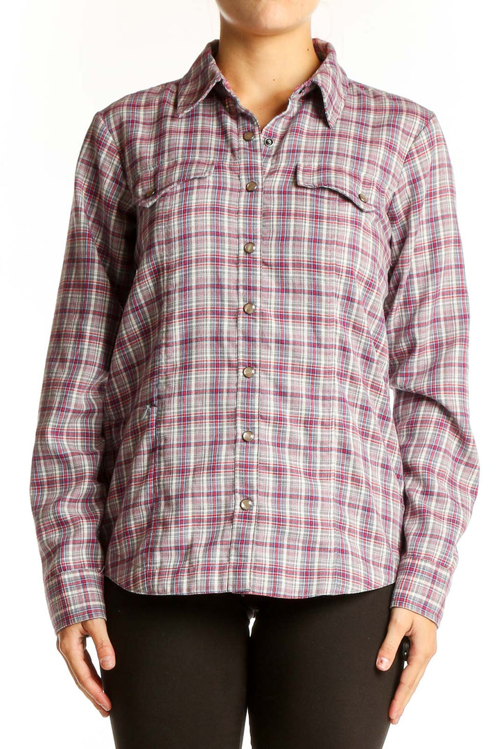 Front view of Orvis pink plaid polyester button-up shirt