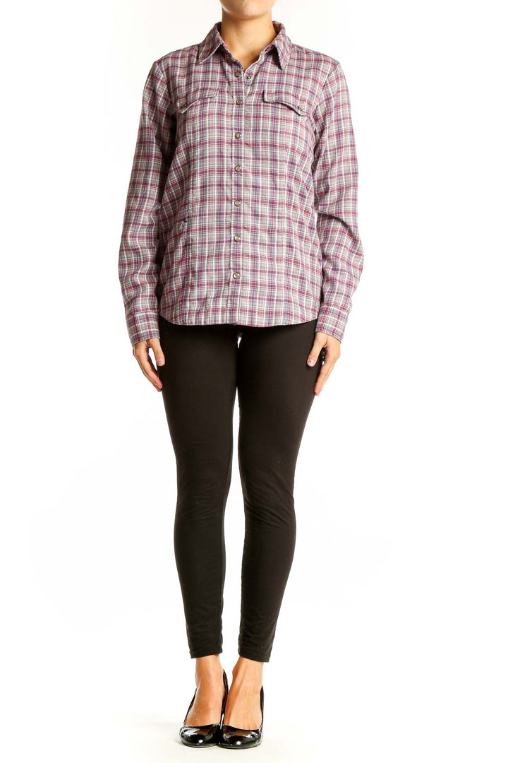 Front view of Orvis pink plaid polyester button-up shirt