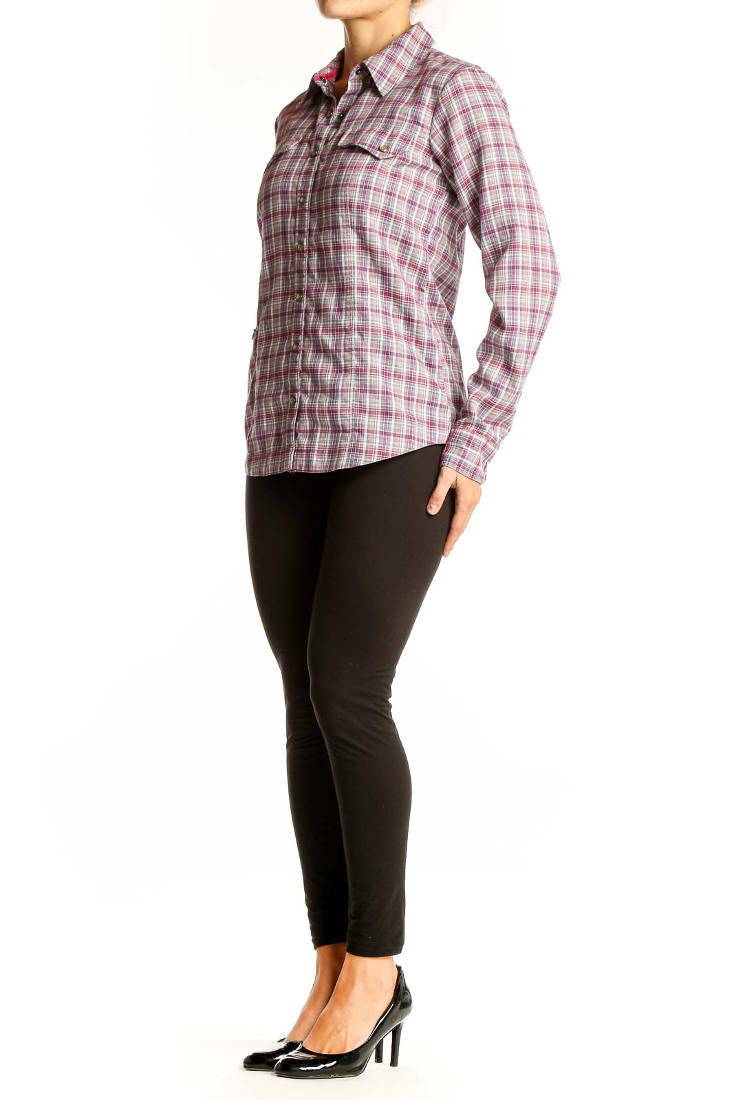 Front view of Orvis pink plaid polyester button-up shirt