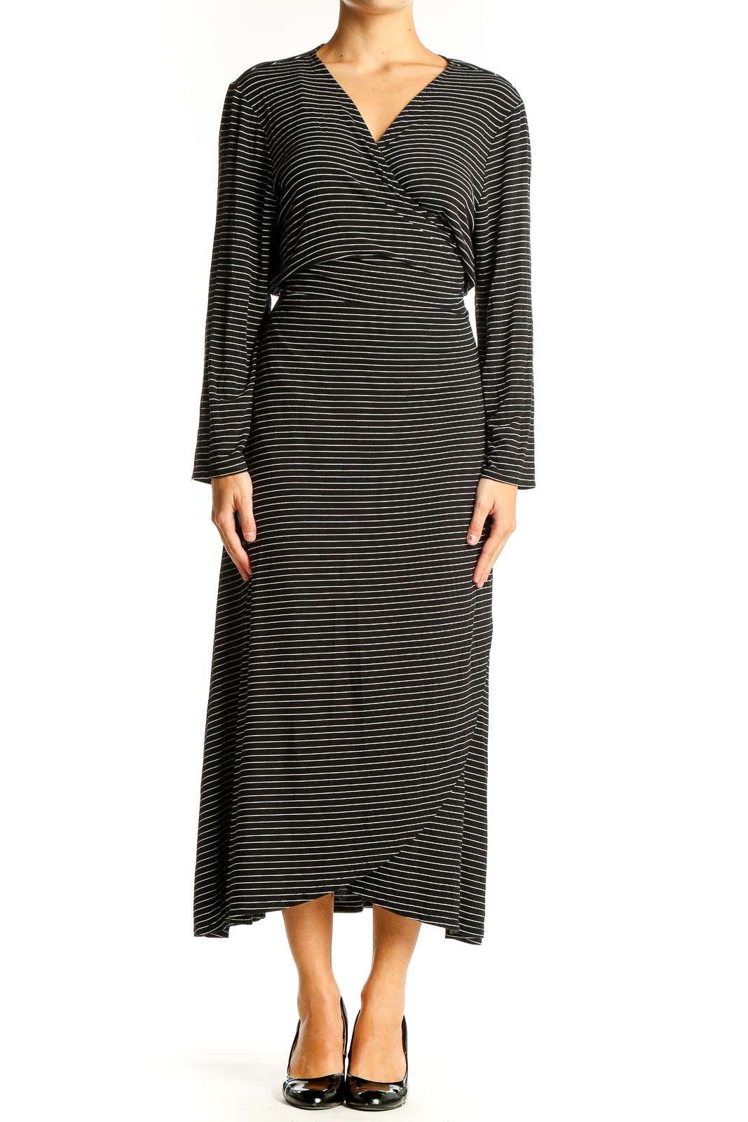 Front view of Gap black striped wrap midi dress with V-neck