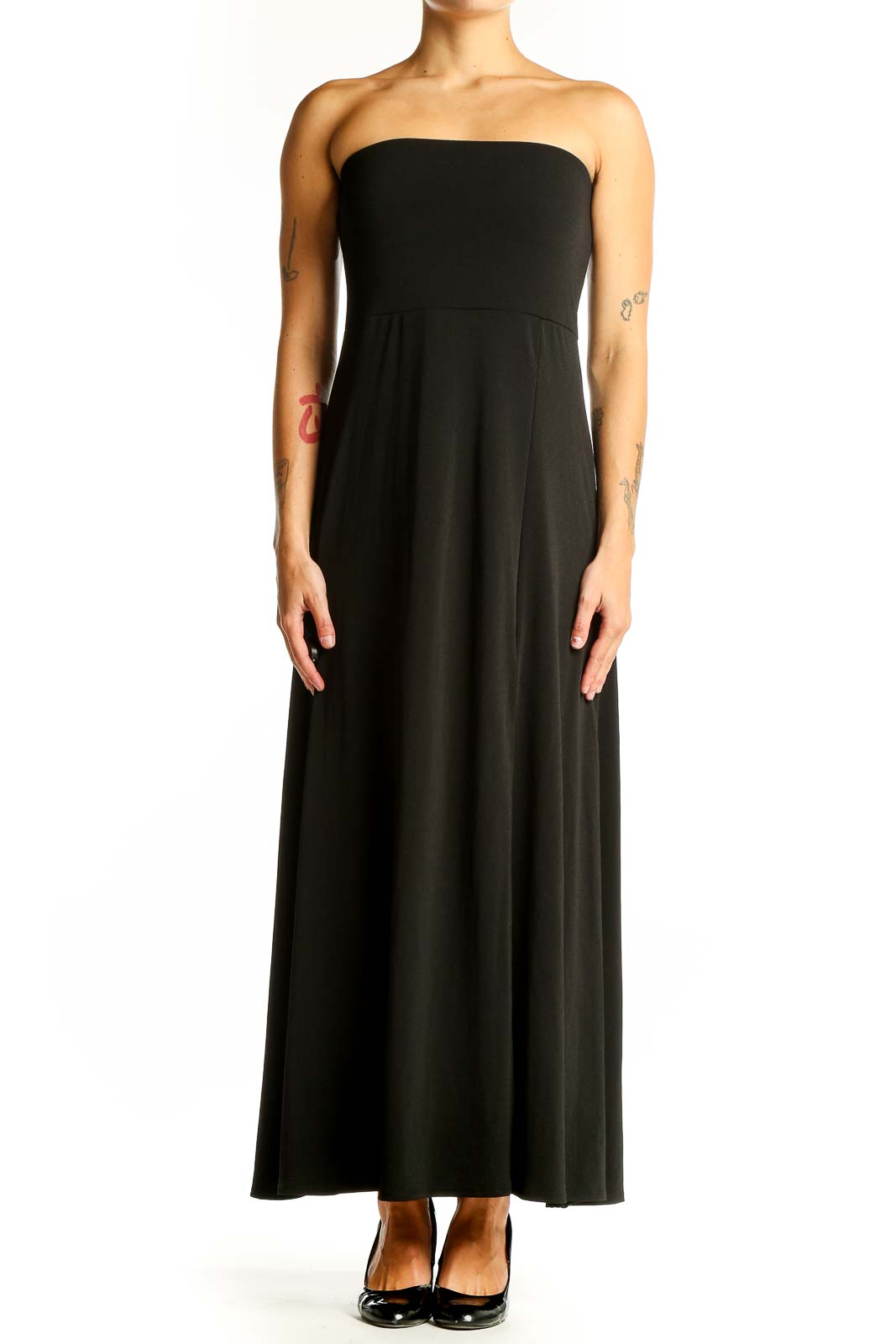 Front view of black strapless maxi dress from Banana Republic