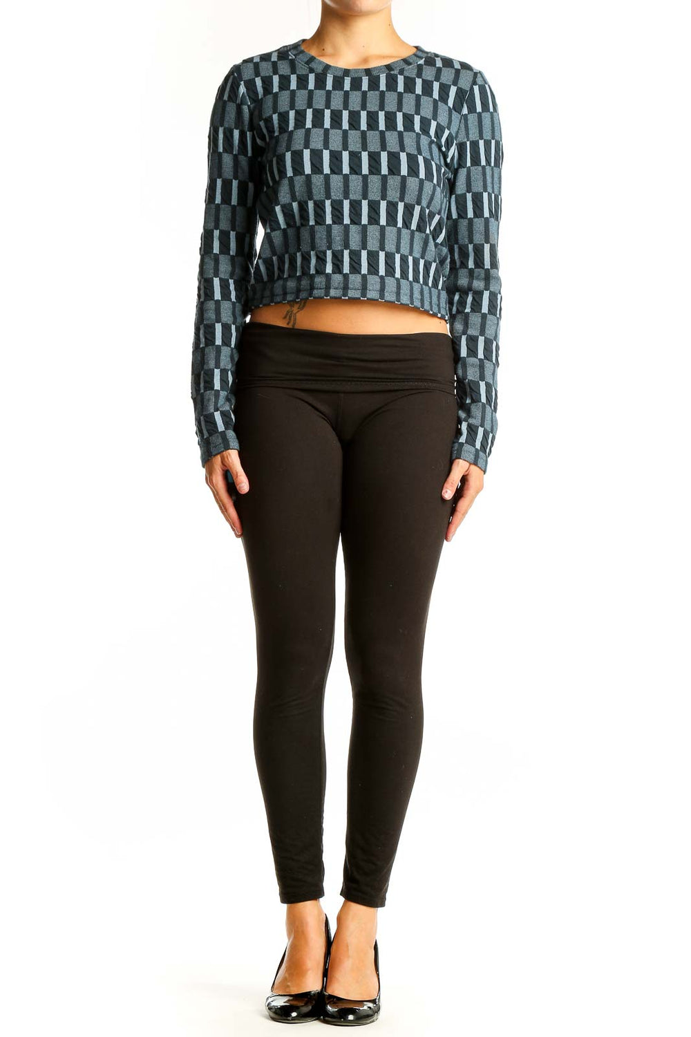 Front view of Madewell blue checkered crop knit sweater with geometric pattern
