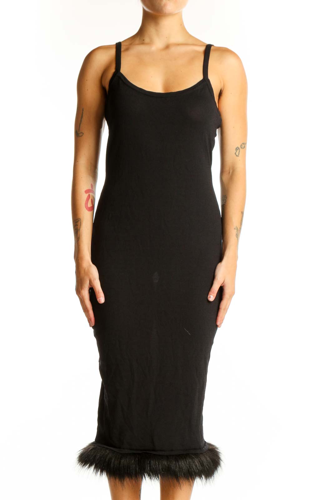 Front view of Danielle Bernstein black midi dress with faux fur trim