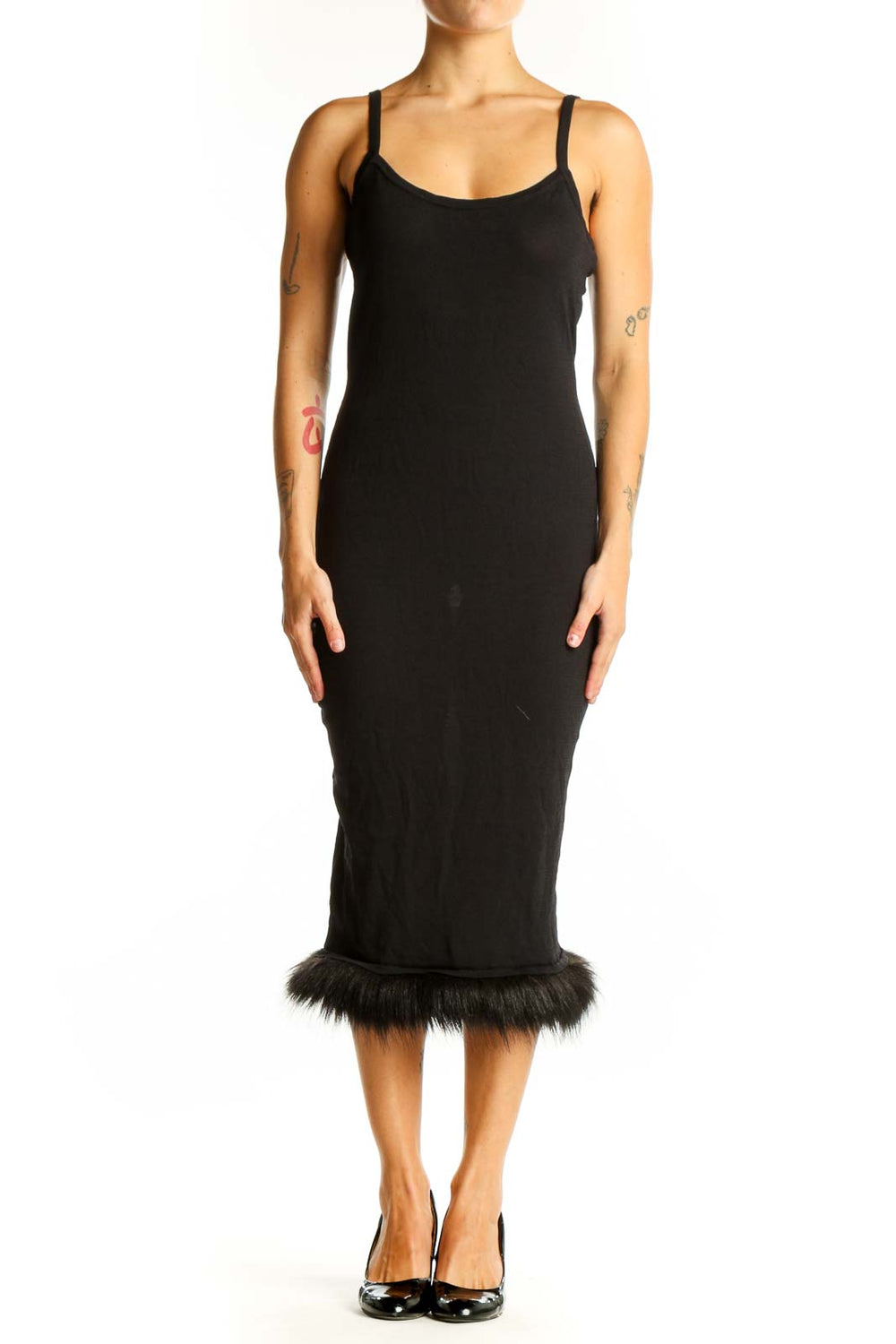 Front view of Danielle Bernstein black midi dress with faux fur trim