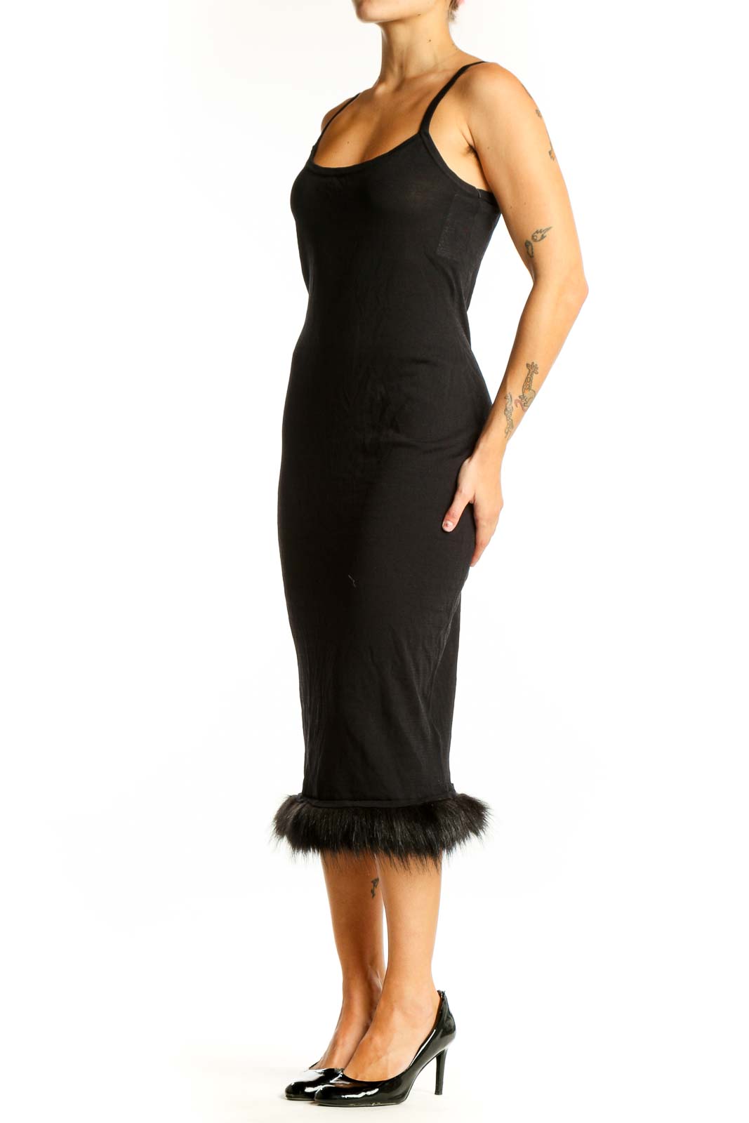 Front view of Danielle Bernstein black midi dress with faux fur trim