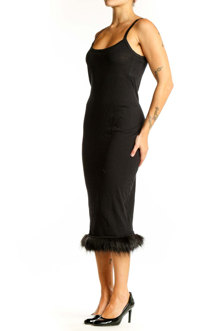 Front view of Danielle Bernstein black midi dress with faux fur trim