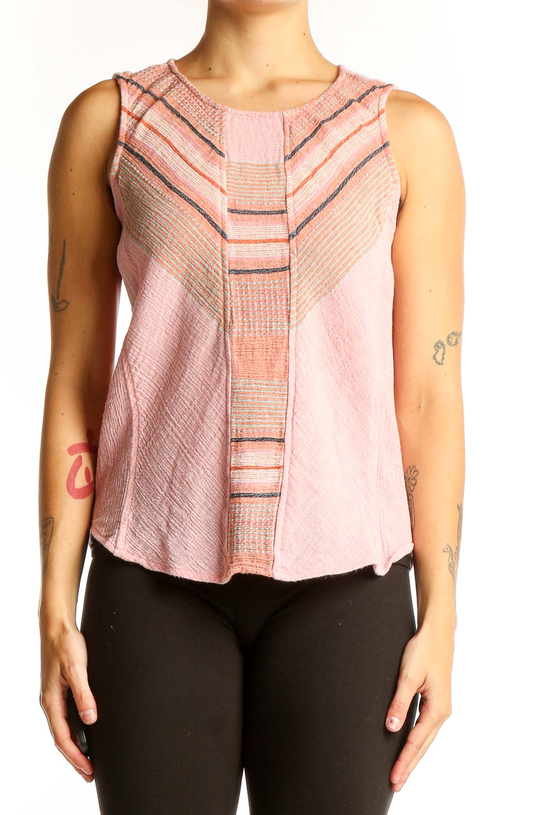 Front view of pink striped sleeveless cotton top by Liverpool Los Angeles