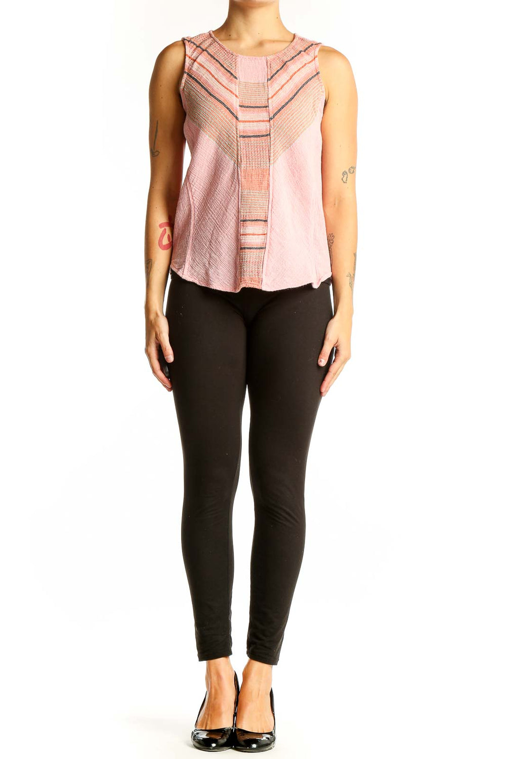 Front view of pink striped sleeveless cotton top by Liverpool Los Angeles