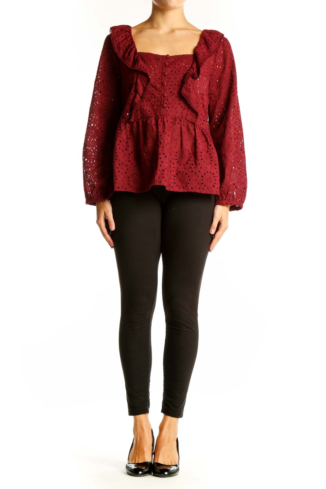 Front view of Madewell burgundy eyelet lace peplum blouse with square neckline and ruffle detail
