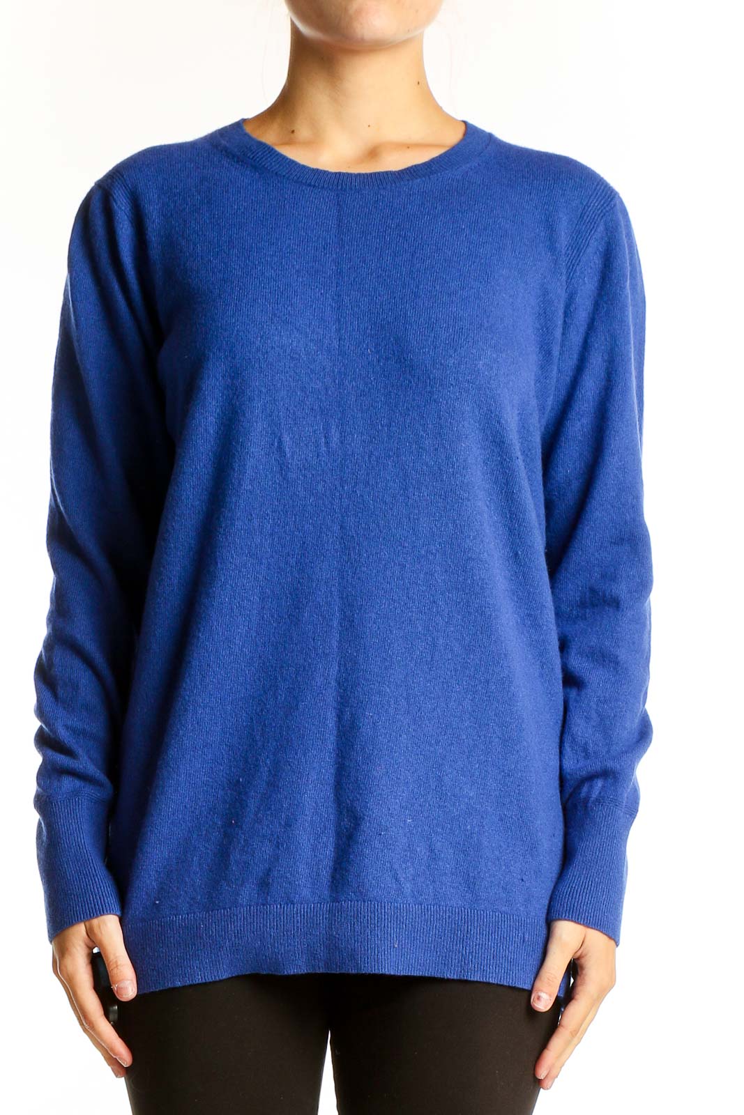 Front view of blue cashmere blend crewneck sweater from Banana Republic
