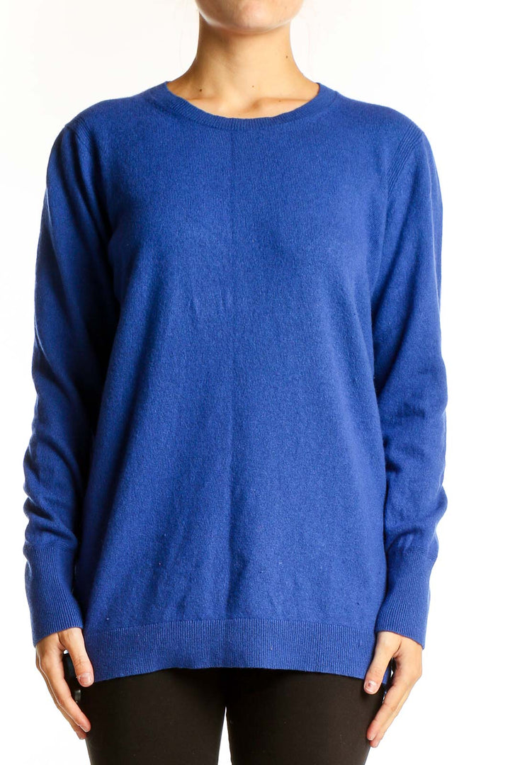 Front view of blue cashmere blend crewneck sweater from Banana Republic