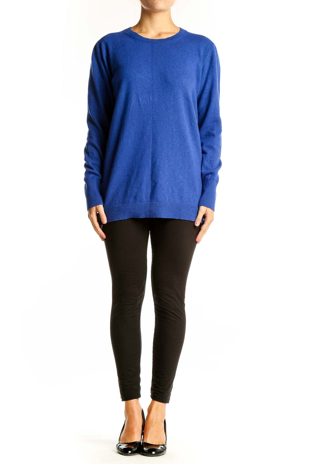 Front view of blue cashmere blend crewneck sweater from Banana Republic