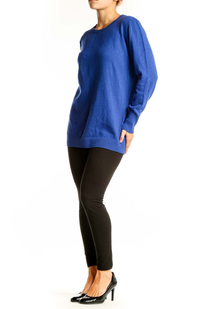 Front view of blue cashmere blend crewneck sweater from Banana Republic