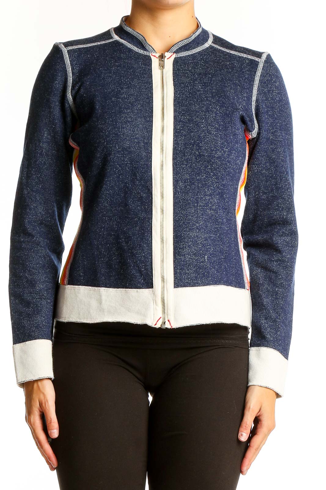 Front view of Hush navy zip-up jacket with rainbow side stripes