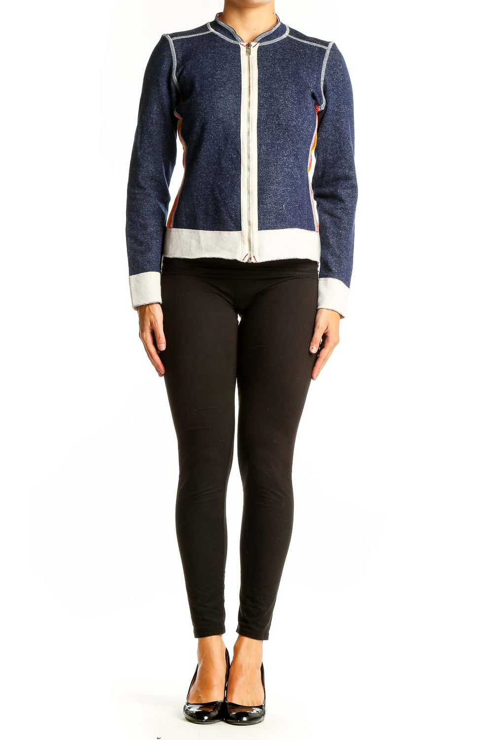 Front view of Hush navy zip-up jacket with rainbow side stripes