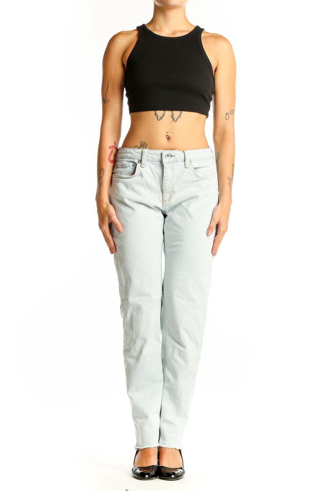 Front view of Rag & Bone light blue straight leg jeans on model