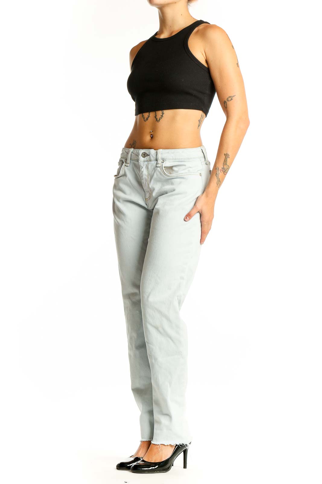Front view of Rag & Bone light blue straight leg jeans on model