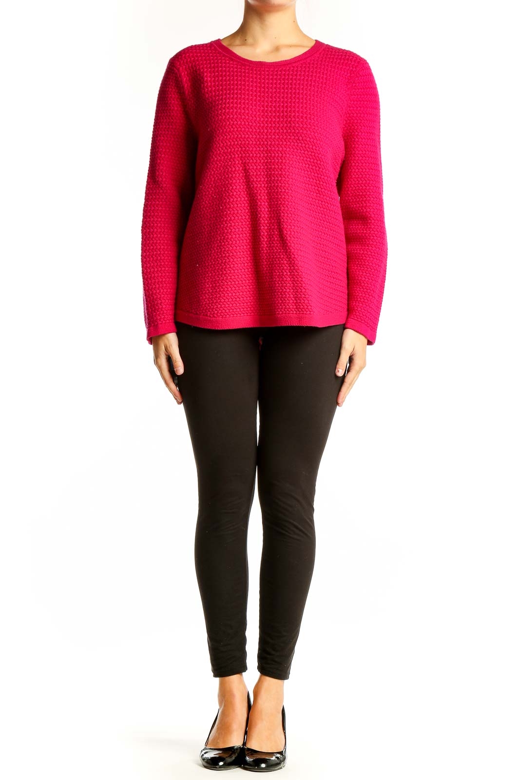 Front view of hot pink textured knit sweater from Talbots