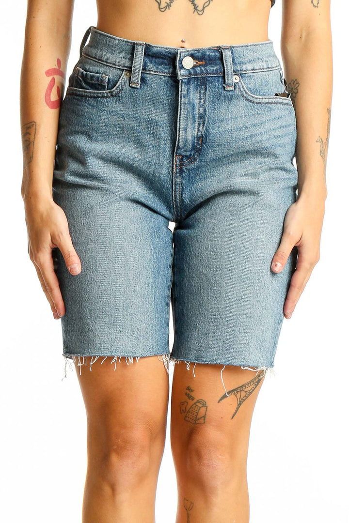 Front view of light blue denim Bermuda shorts from Banana Republic