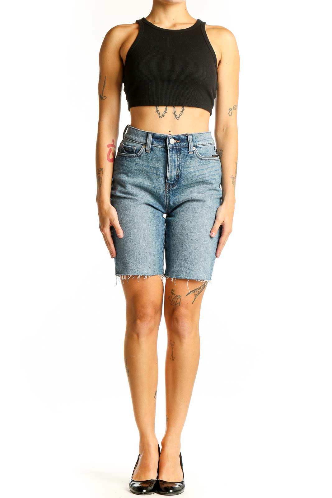 Front view of light blue denim Bermuda shorts from Banana Republic
