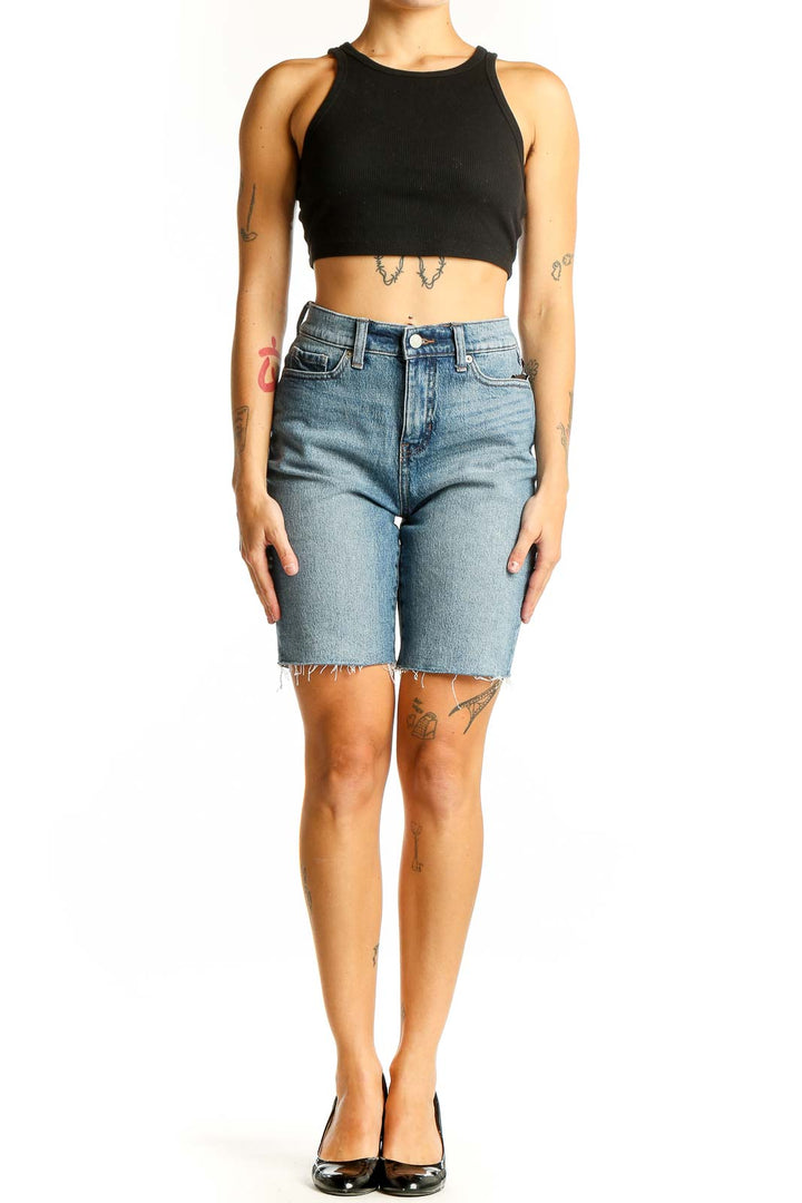 Front view of light blue denim Bermuda shorts from Banana Republic