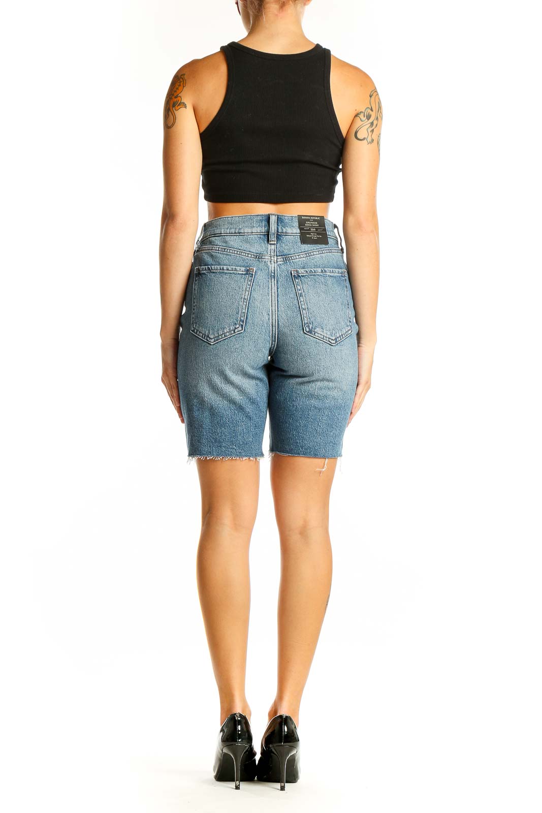 Back view of light blue denim Bermuda shorts from Banana Republic