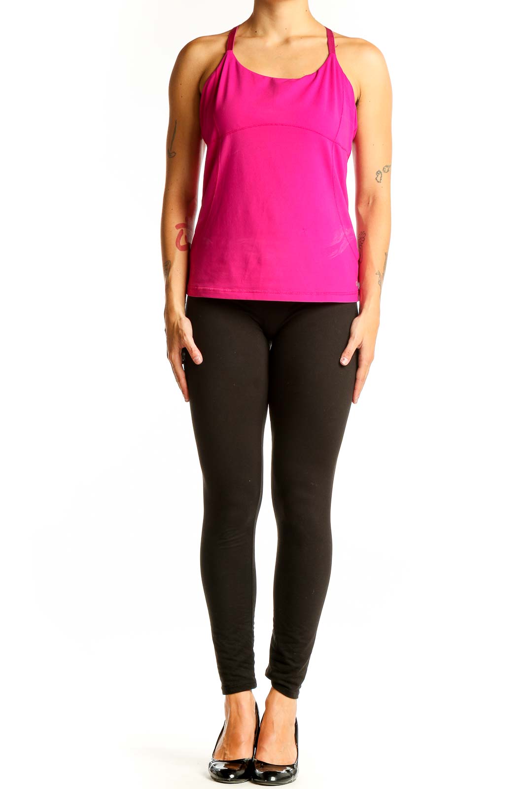 Front view of hot pink Alo sleeveless athletic tank top