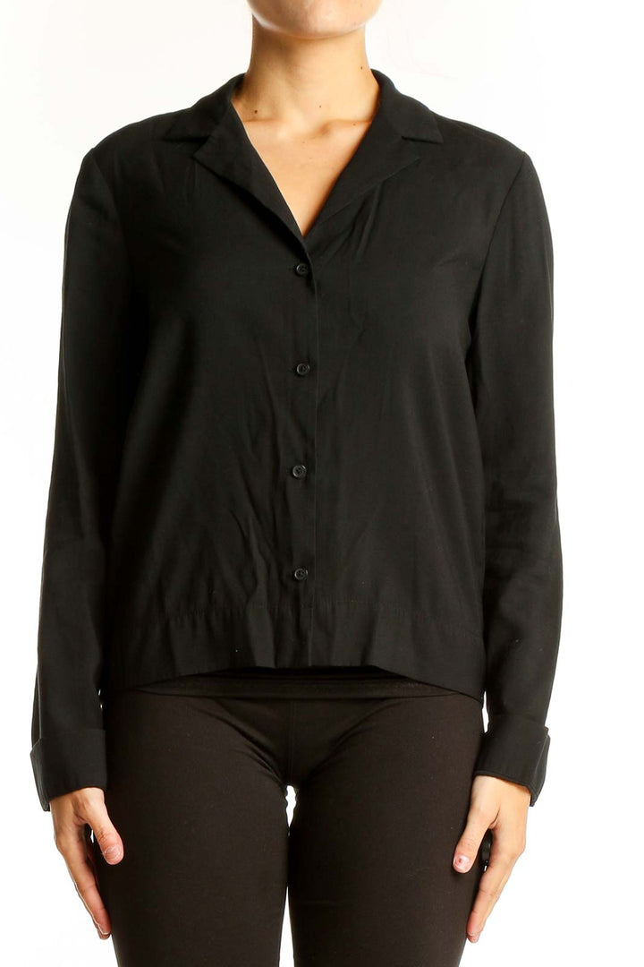 Front view of black Calvin Klein button-up long sleeve blouse