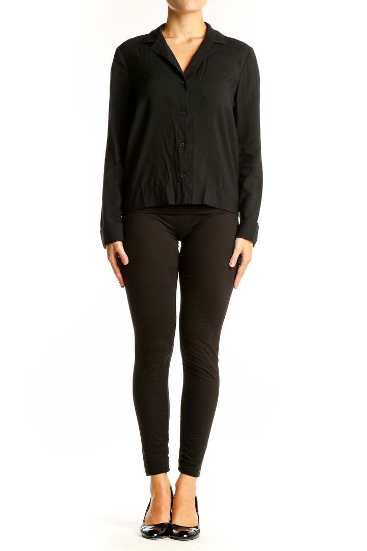 Front view of black Calvin Klein button-up long sleeve blouse