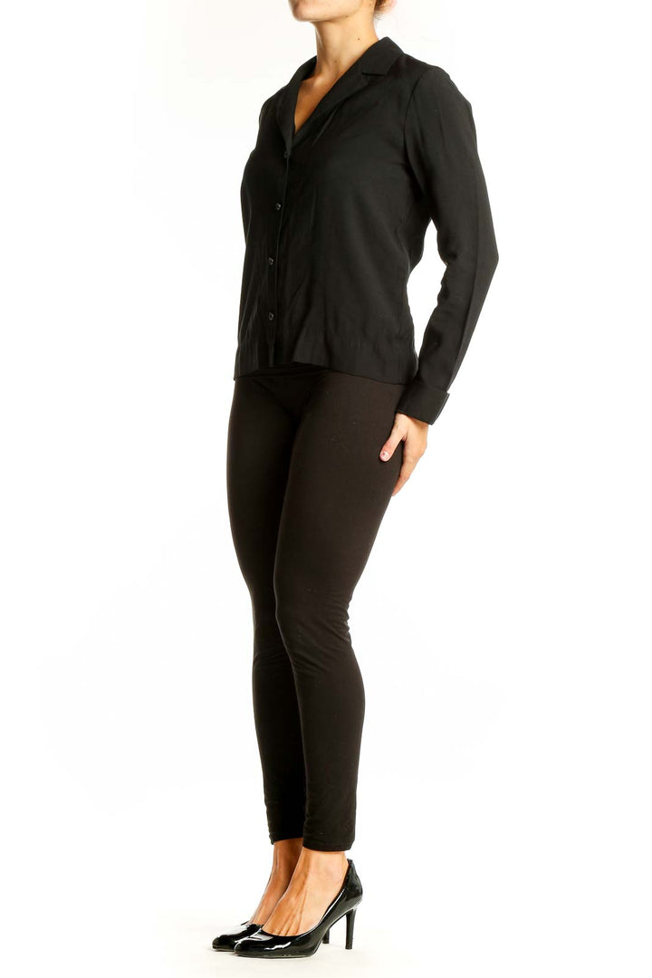 Front view of black Calvin Klein button-up long sleeve blouse