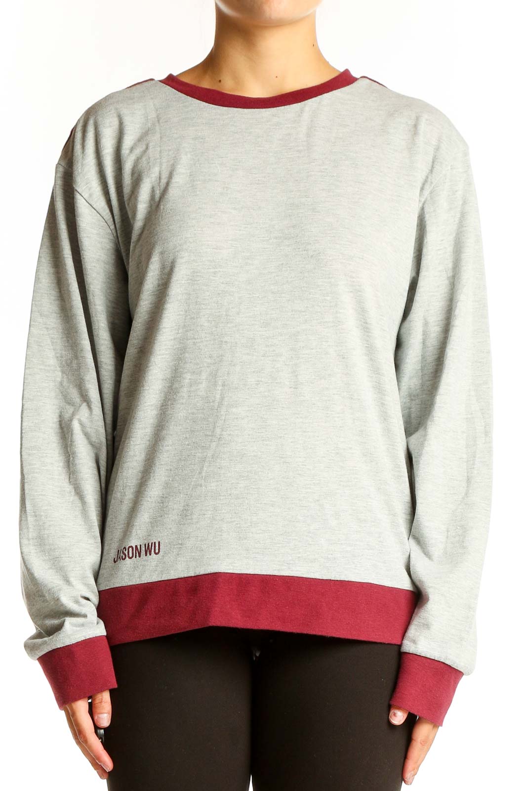 Front view of Jason Wu gray long sleeve top with burgundy trim