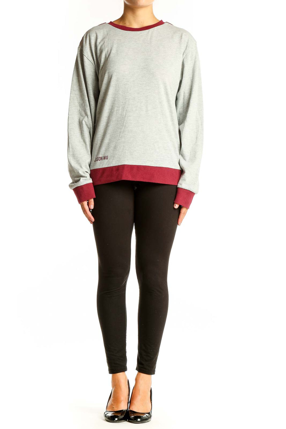 Front view of Jason Wu gray long sleeve top with burgundy trim