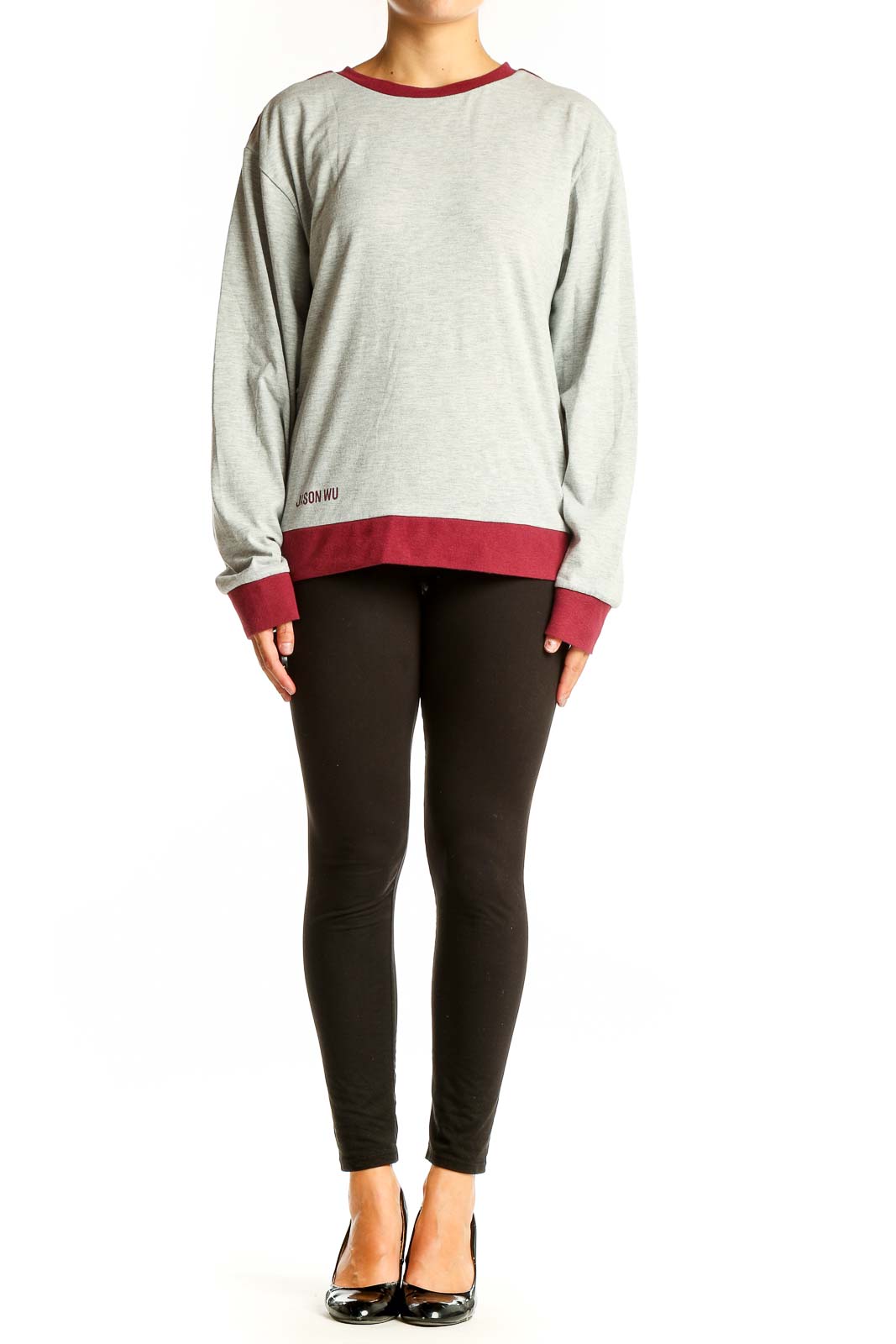 Front view of Jason Wu gray long sleeve top with burgundy trim