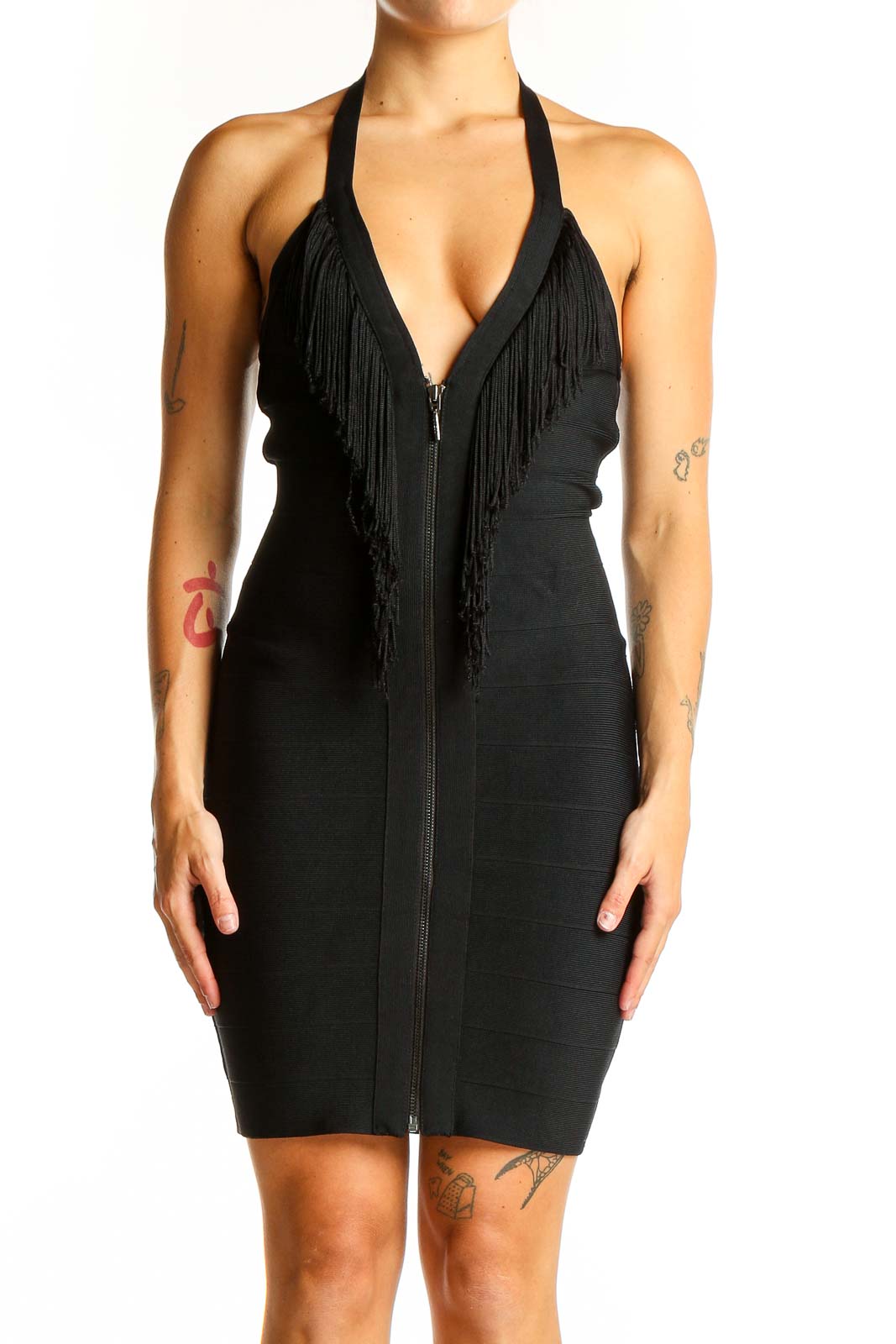 Front view of black Guess bodycon dress with fringe detail and halter neckline