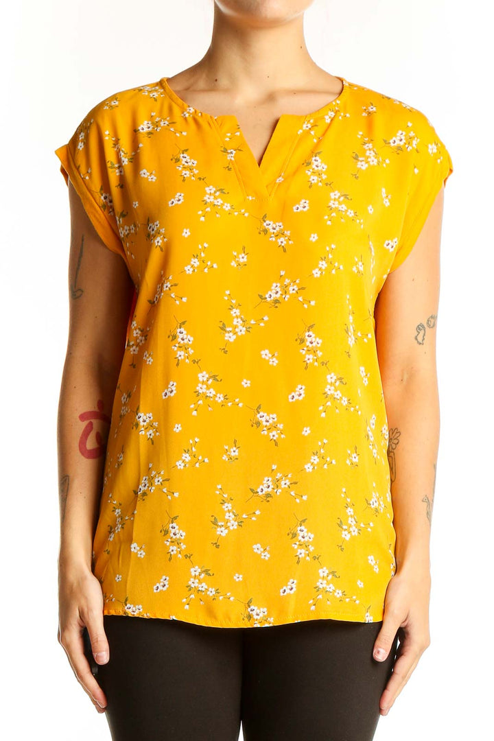 Front view of yellow floral print short sleeve blouse by Papermoon