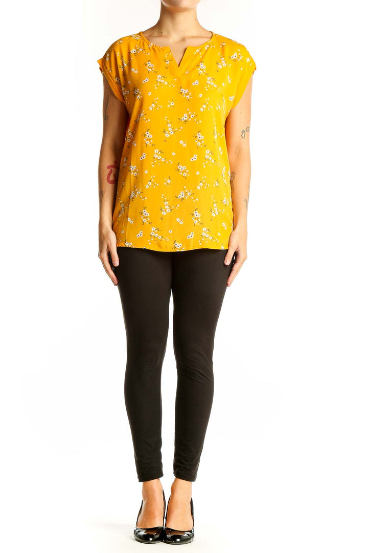 Front view of yellow floral print short sleeve blouse by Papermoon