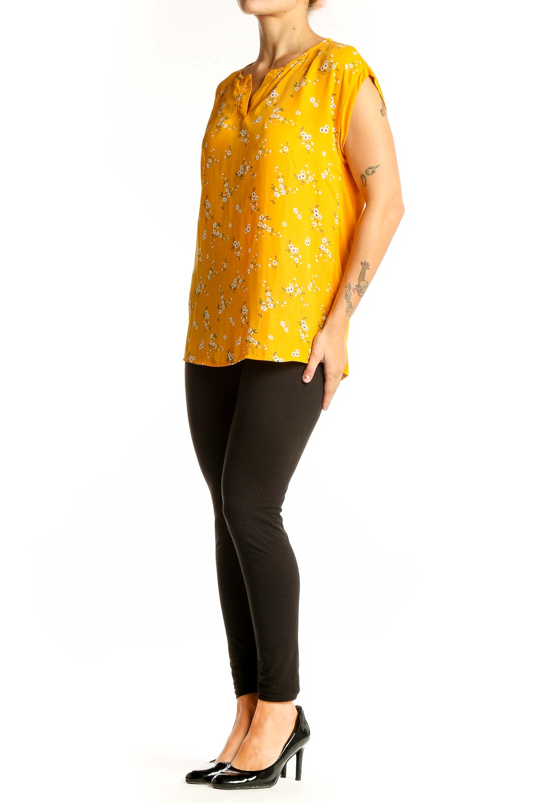 Front view of yellow floral print short sleeve blouse by Papermoon