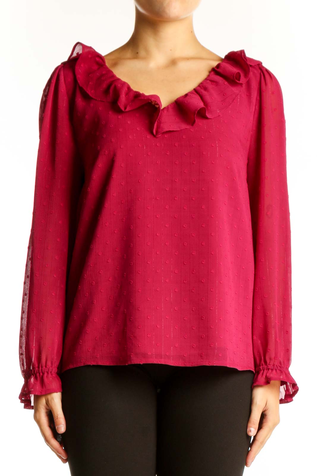 Front view of red J.Crew blouse with ruffled V-neck and long sleeves