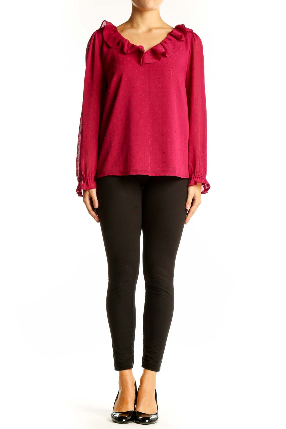 Front view of red J.Crew blouse with ruffled V-neck and long sleeves