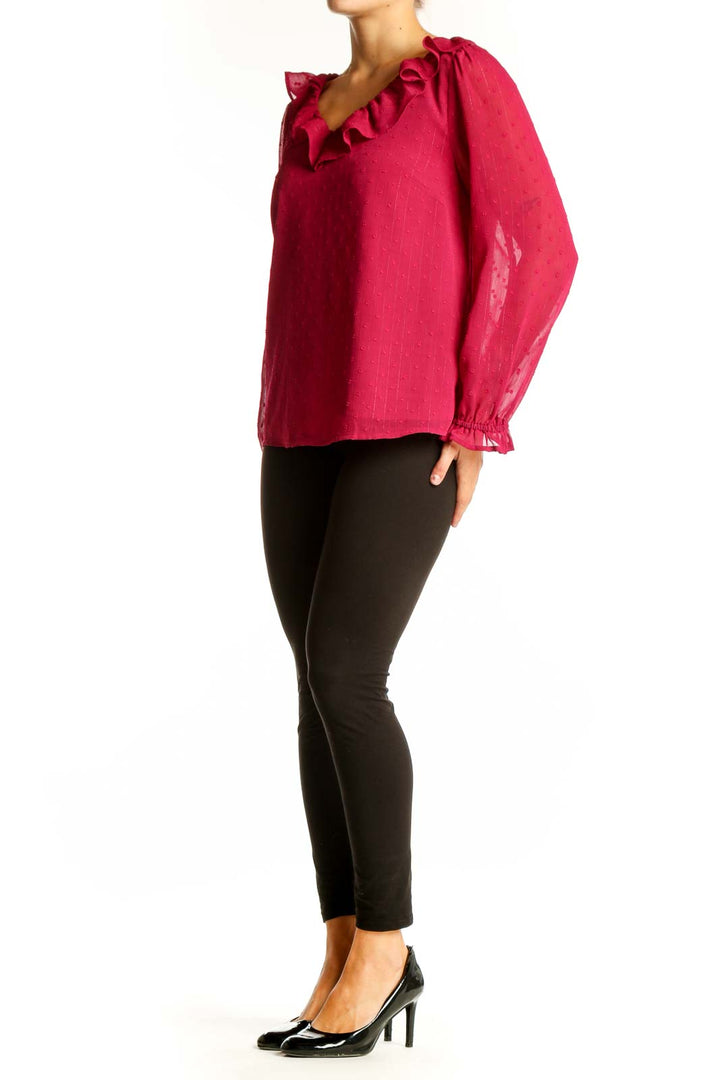 Front view of red J.Crew blouse with ruffled V-neck and long sleeves